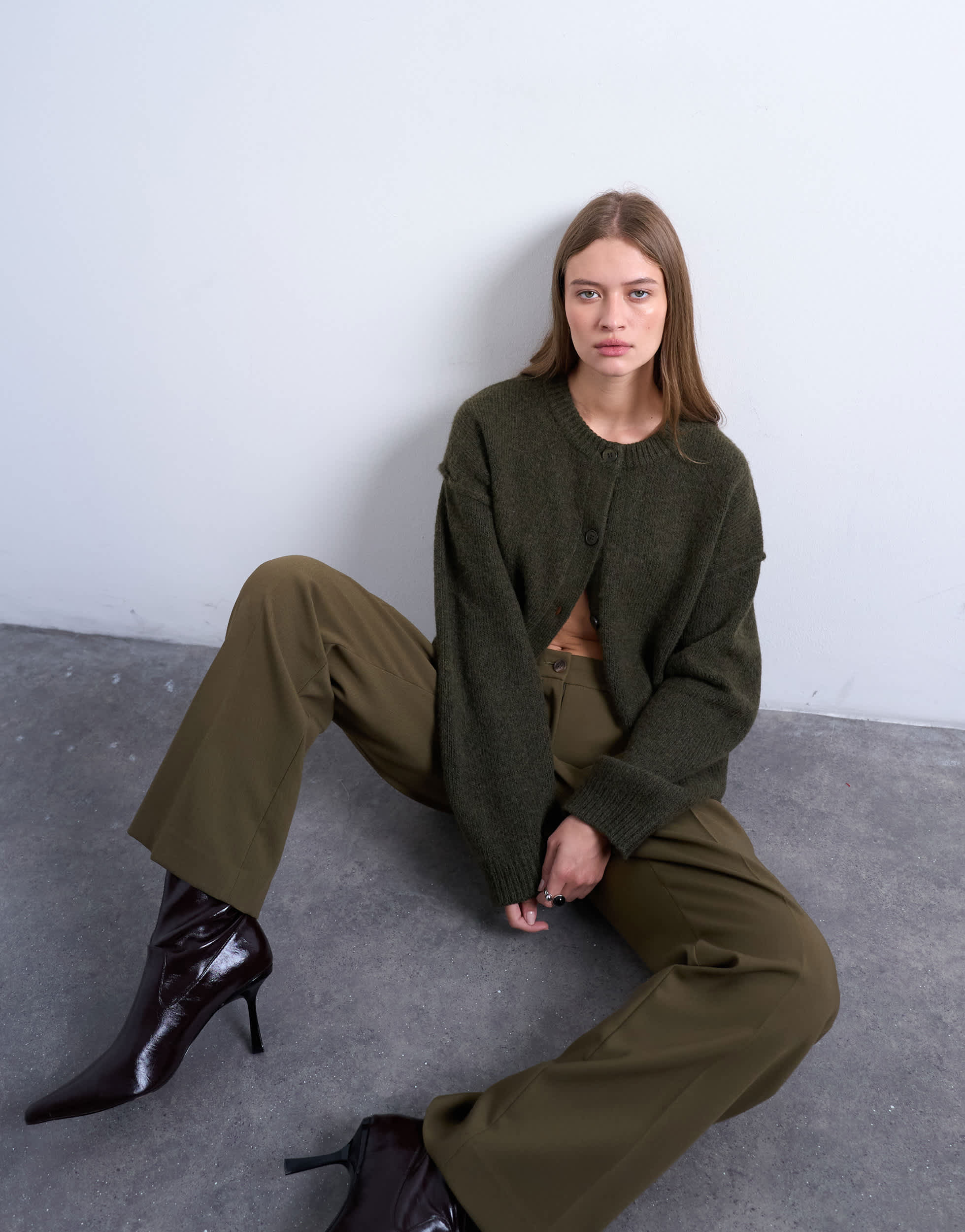 Topshop knitted exposed seam relaxed cardigan in khaki
