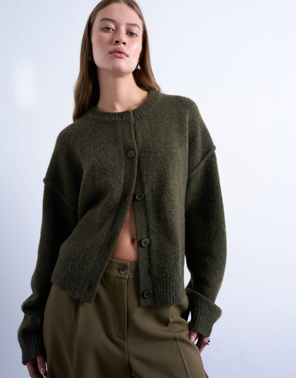 Topshop knitted exposed seam relaxed cardigan in khaki