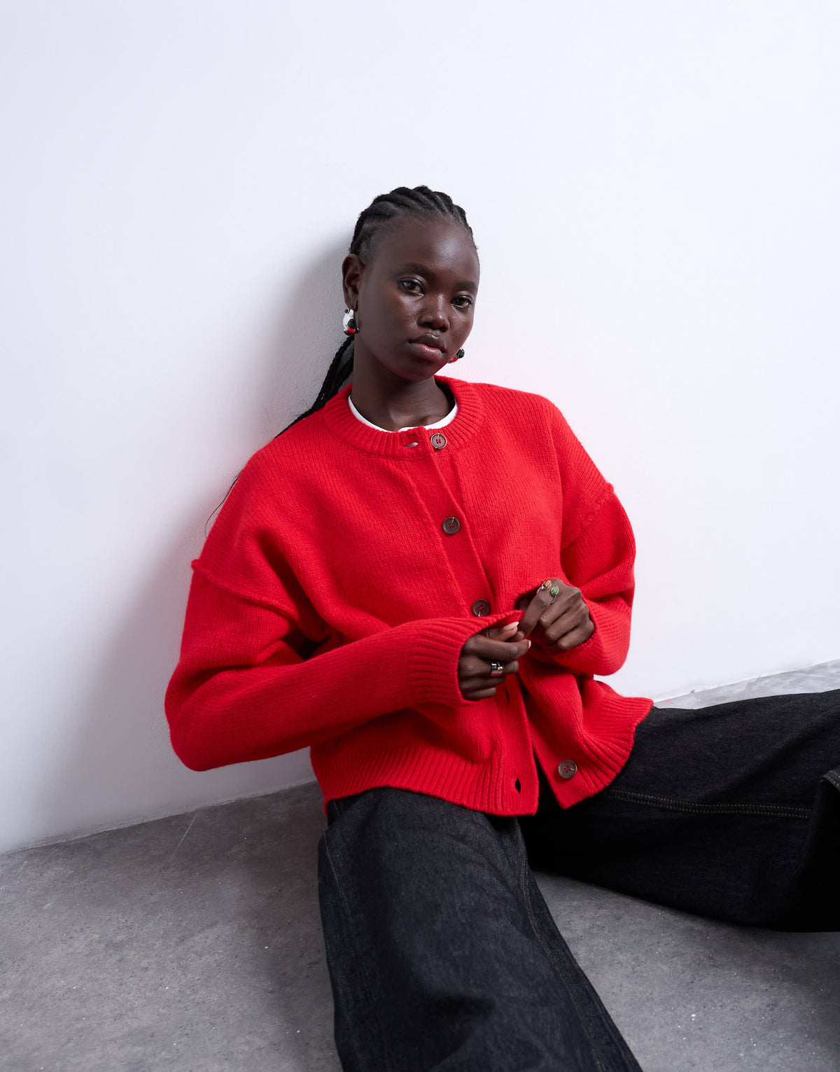 Topshop knitted exposed seam relaxed cardigan in red