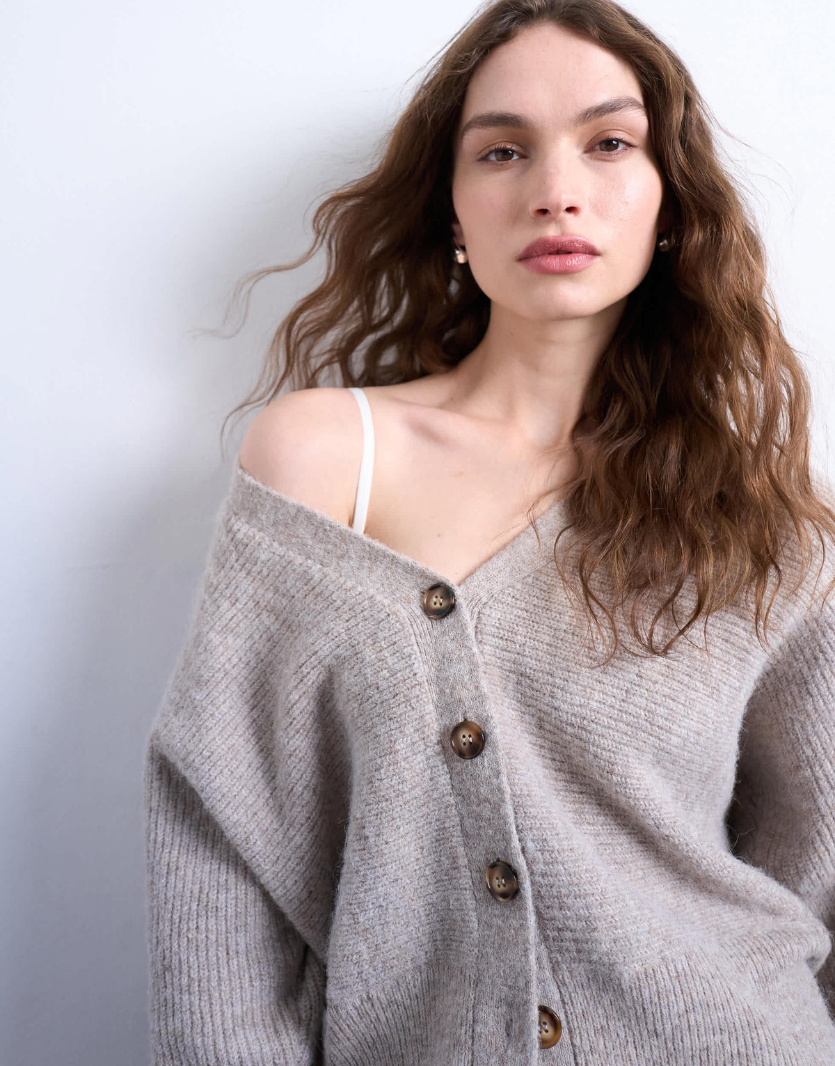 Topshop knitted v neck slouchy cardigan in oat