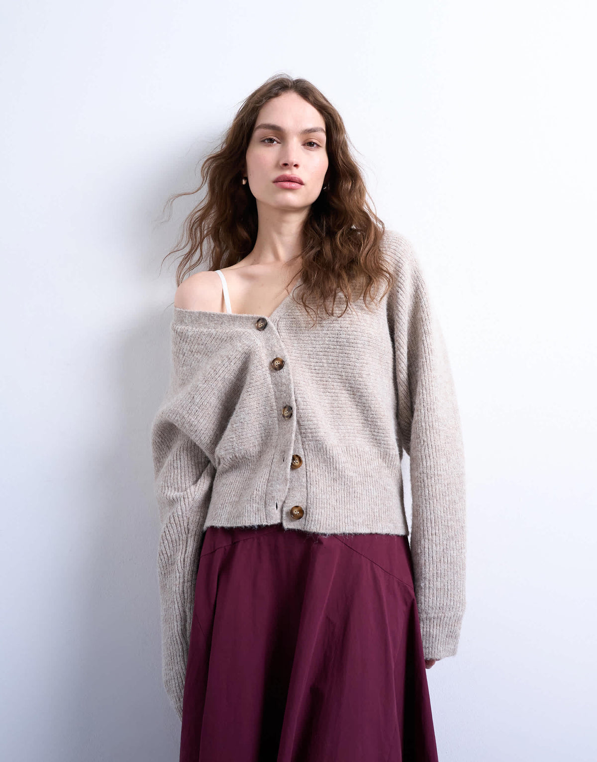Topshop knitted v neck slouchy cardigan in oat
