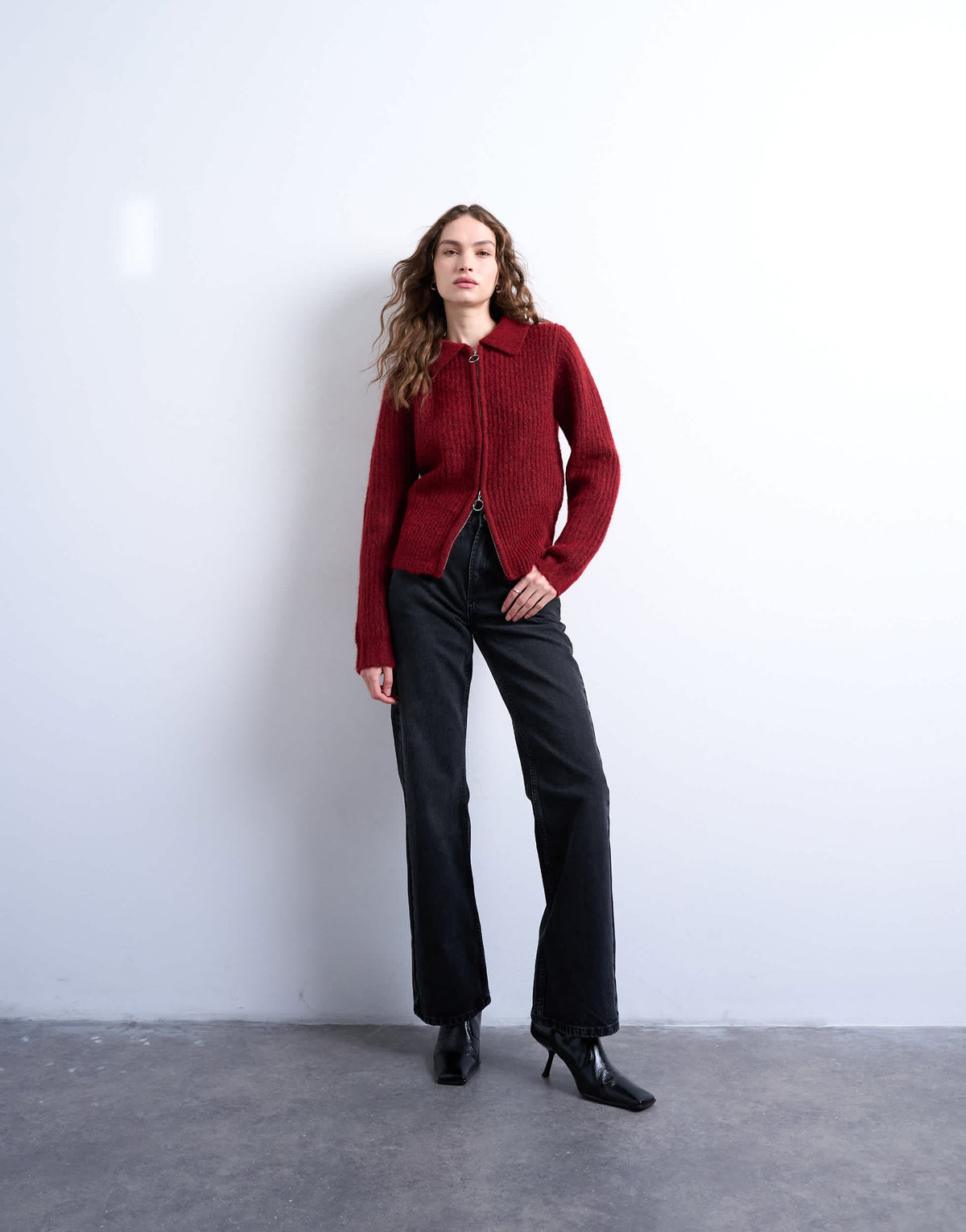 Topshop knitted collar zip ring cardigan in red