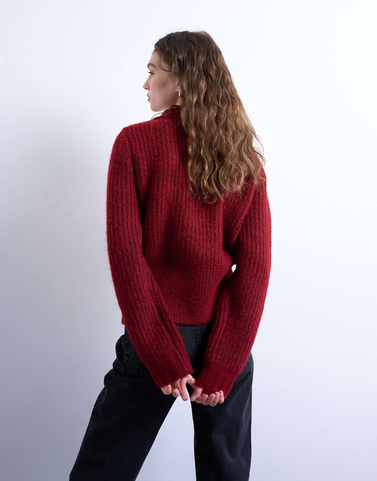 Topshop knitted collar zip ring cardigan in red