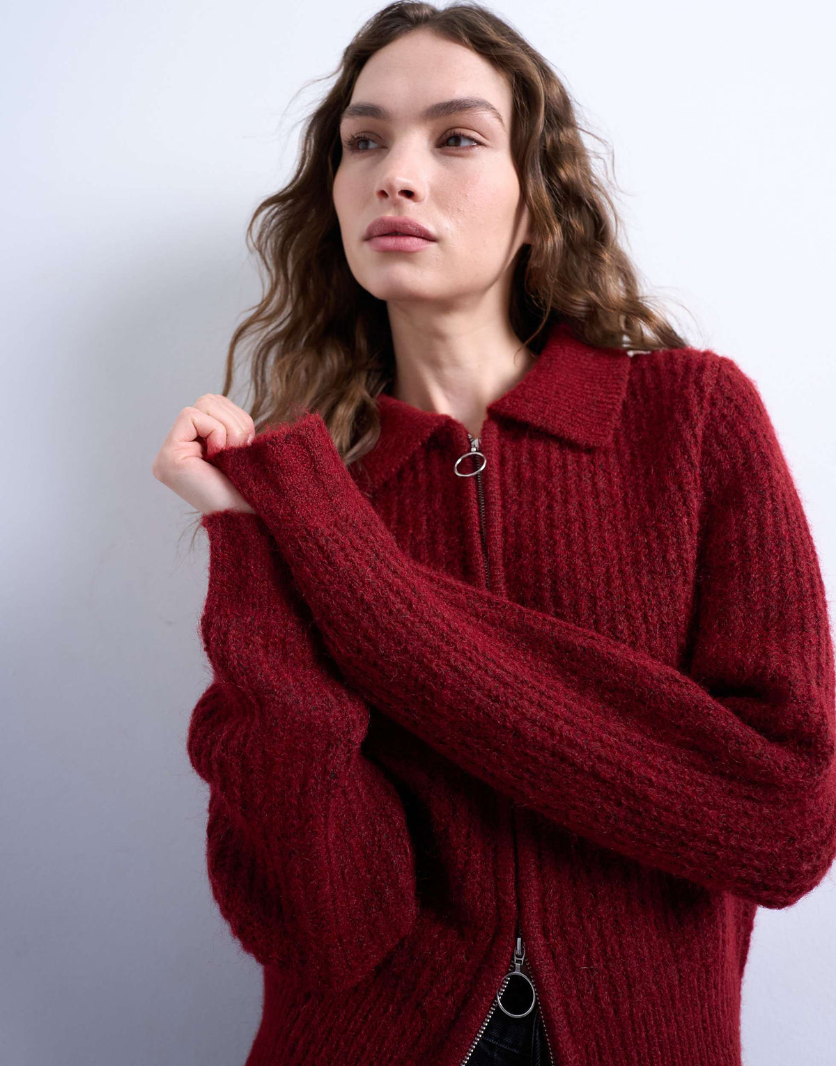 Topshop knitted collar zip ring cardigan in red