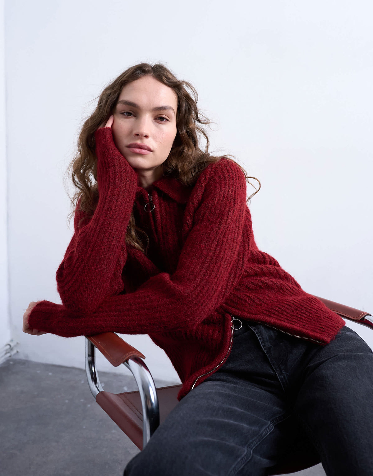 Topshop knitted collar zip ring cardigan in red
