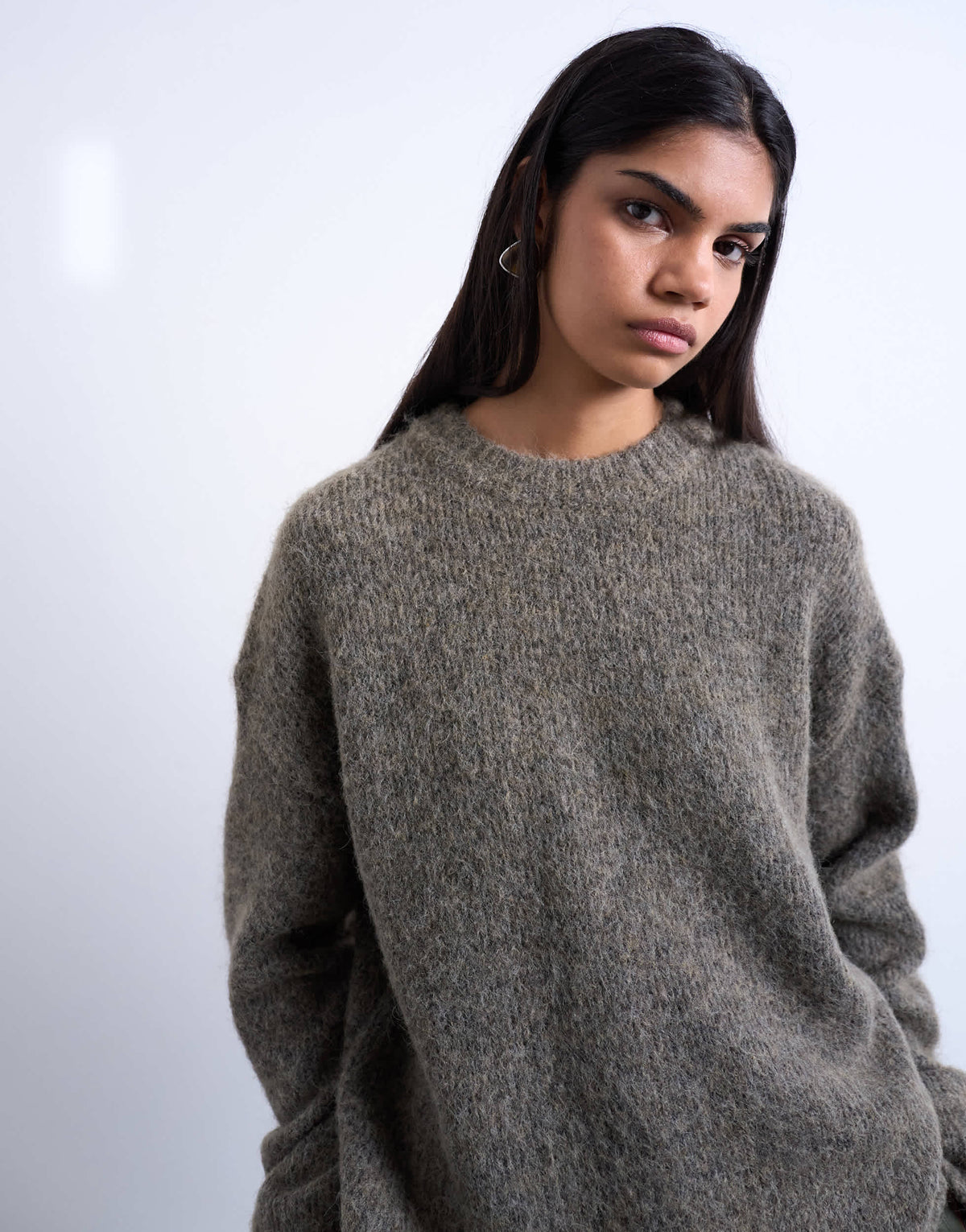 Topshop knitted boxy fluffy crew jumper in espresso