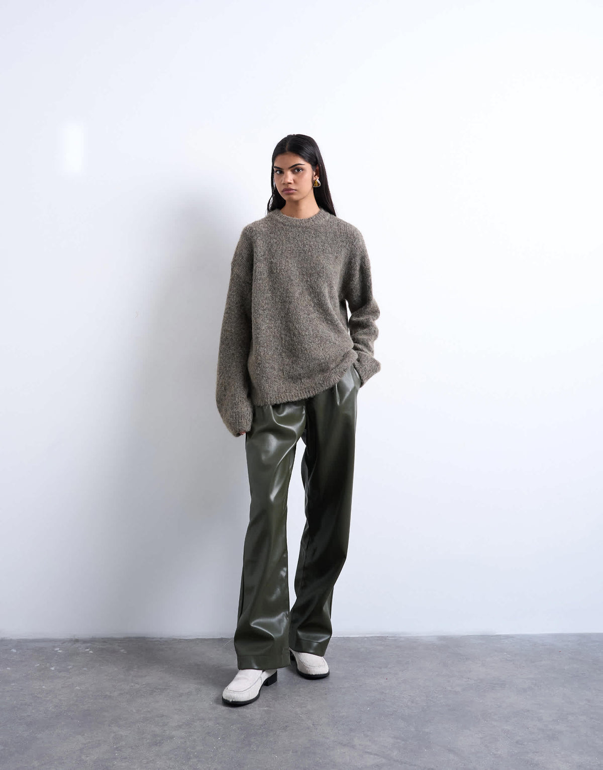 Topshop knitted boxy fluffy crew jumper in espresso