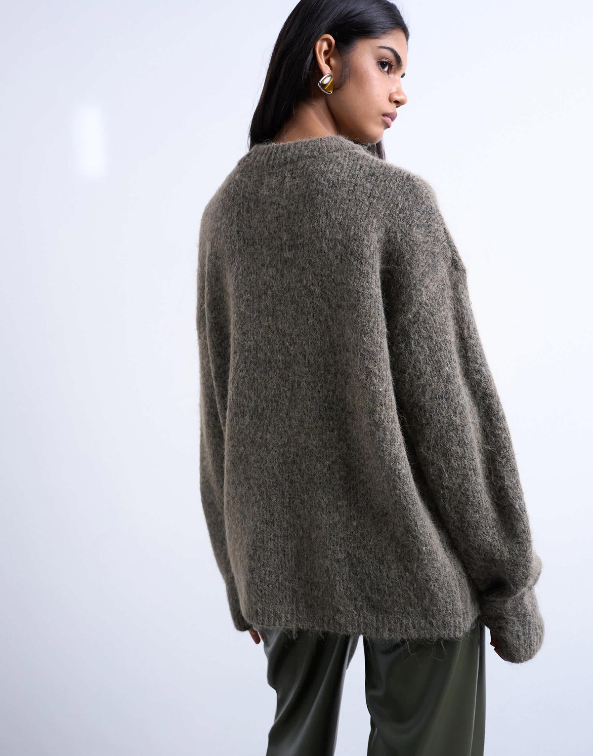 Topshop knitted boxy fluffy crew jumper in espresso