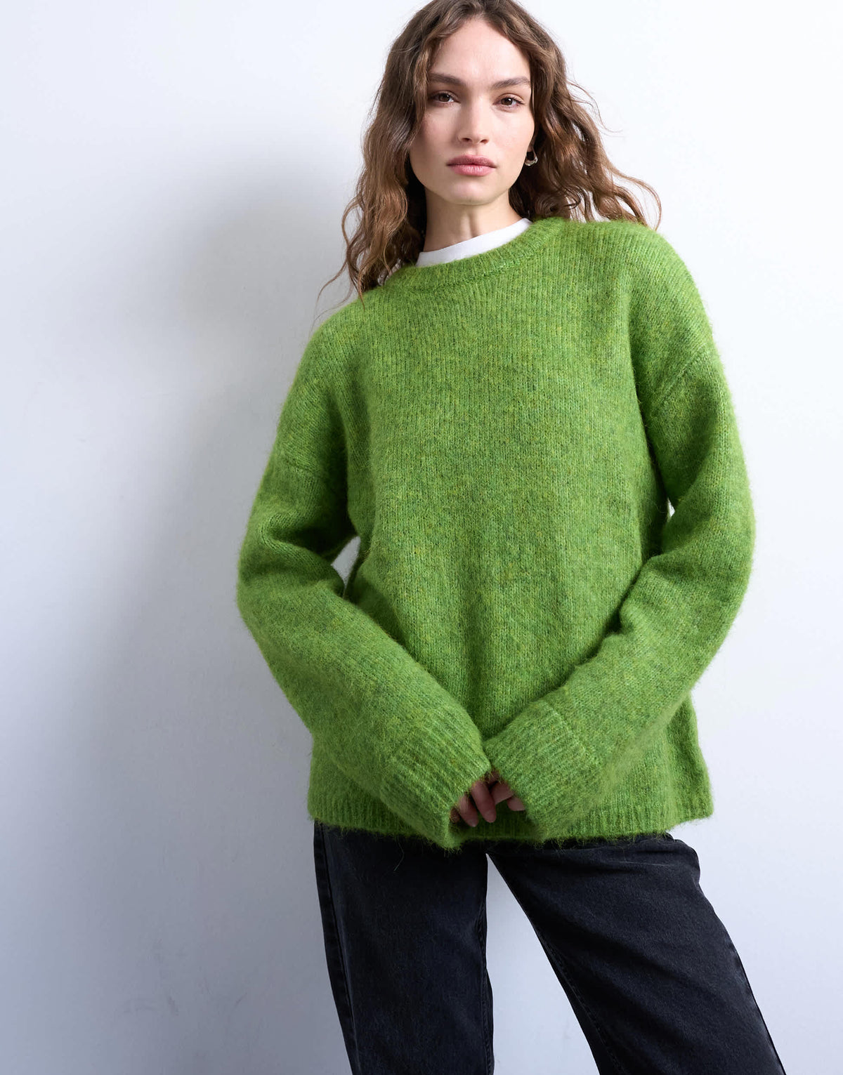 Topshop knitted boxy fluffy crew jumper in green