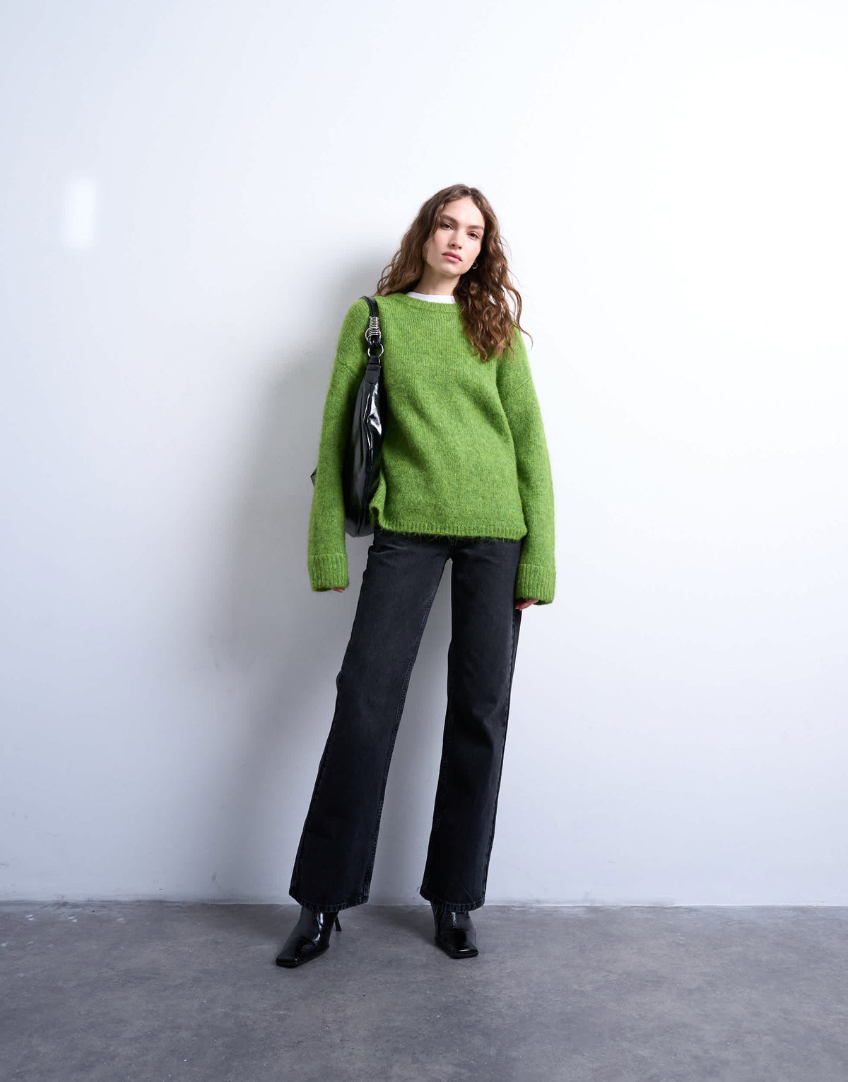 Topshop knitted boxy fluffy crew jumper in green