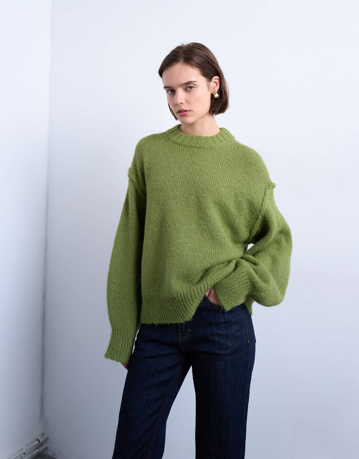 Topshop knitted wool blend fluffy exposed seam easy jumper in green