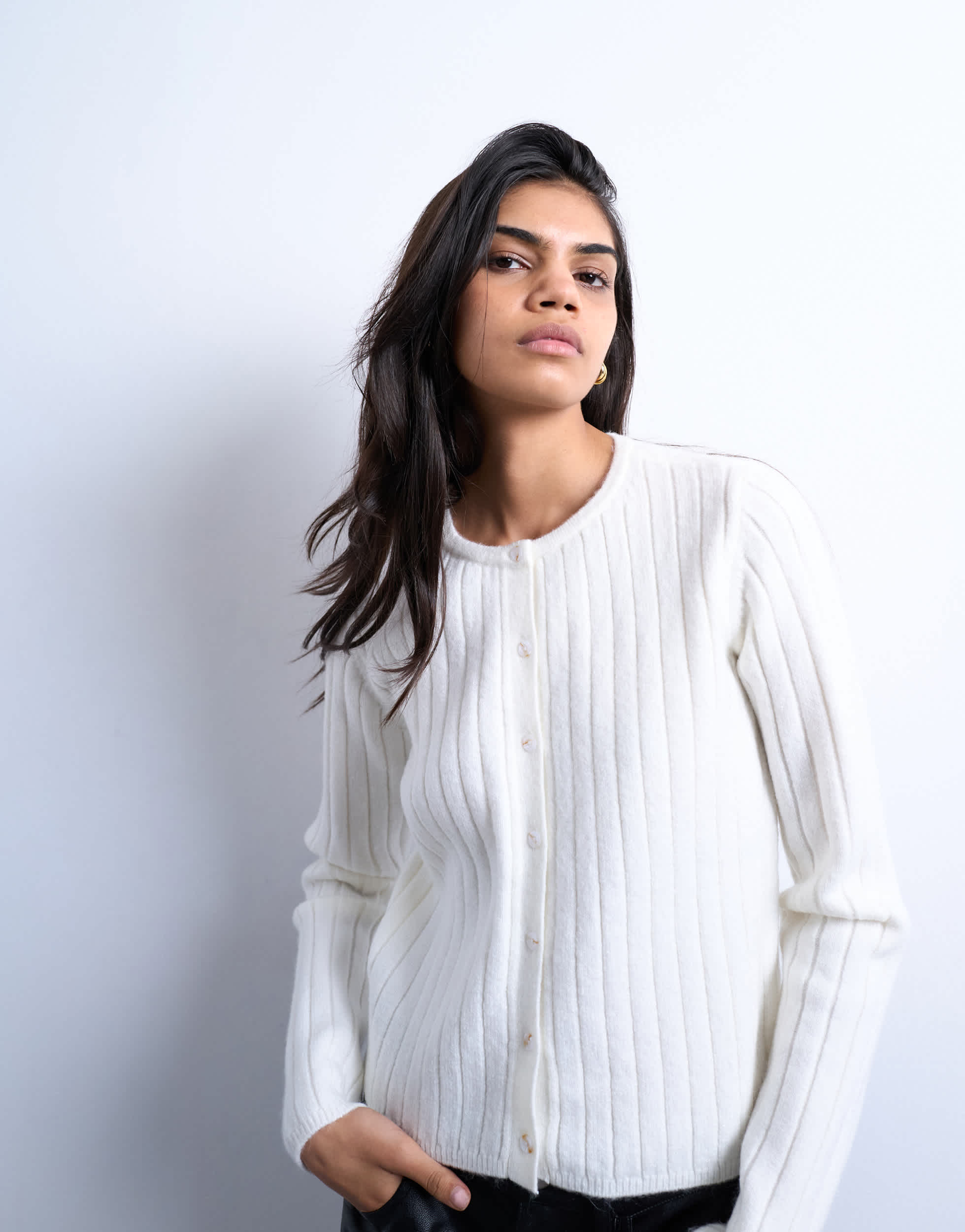 Topshop knitted ribbed button crew cardigan in white
