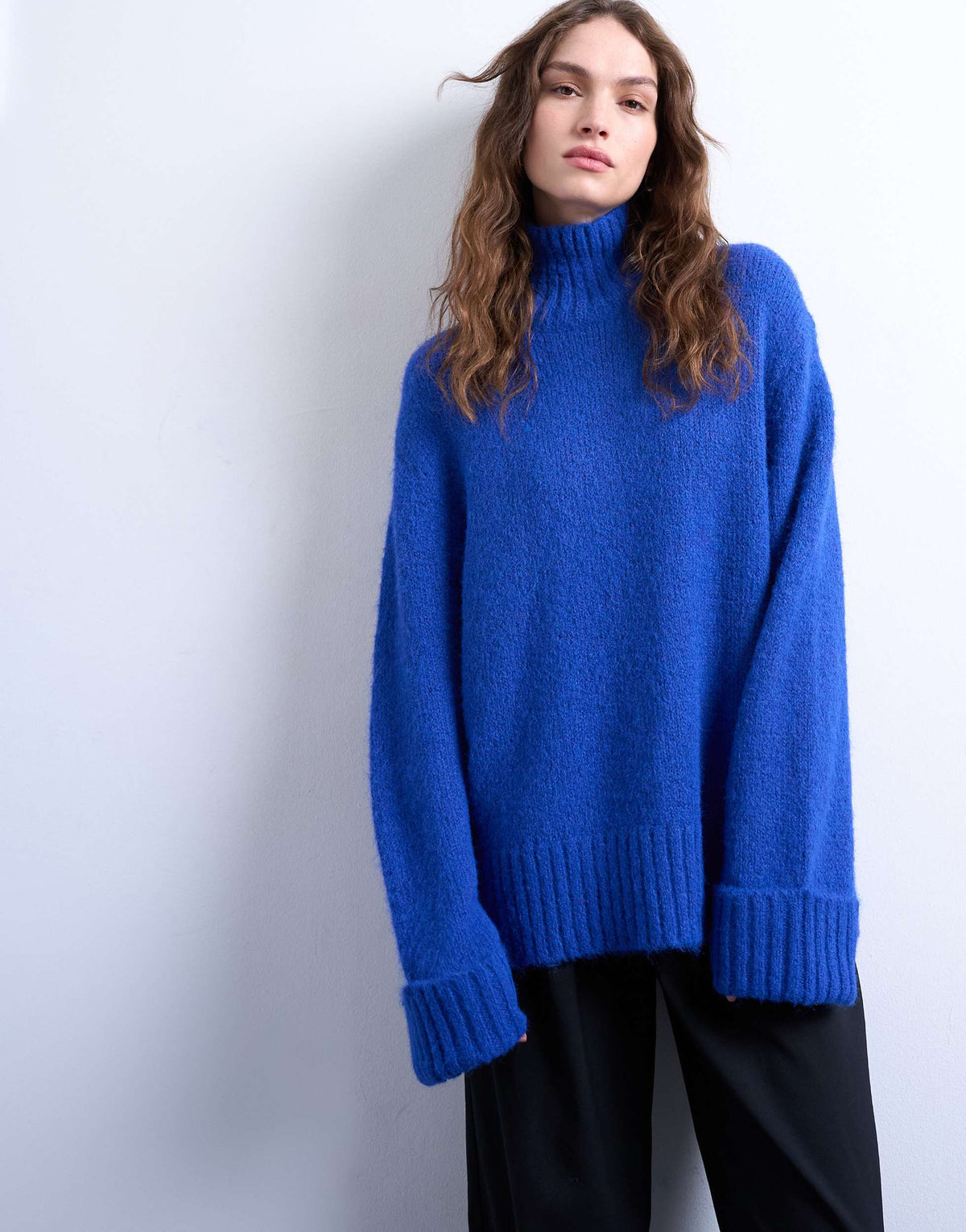 Topshop knitted oversized funnel neck longline jumper with neck detail