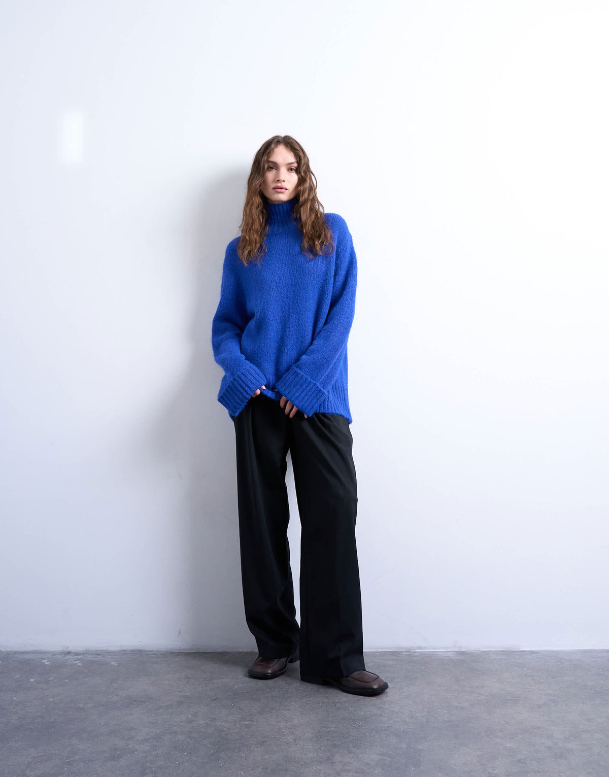 Topshop knitted oversized funnel neck longline jumper with neck detail