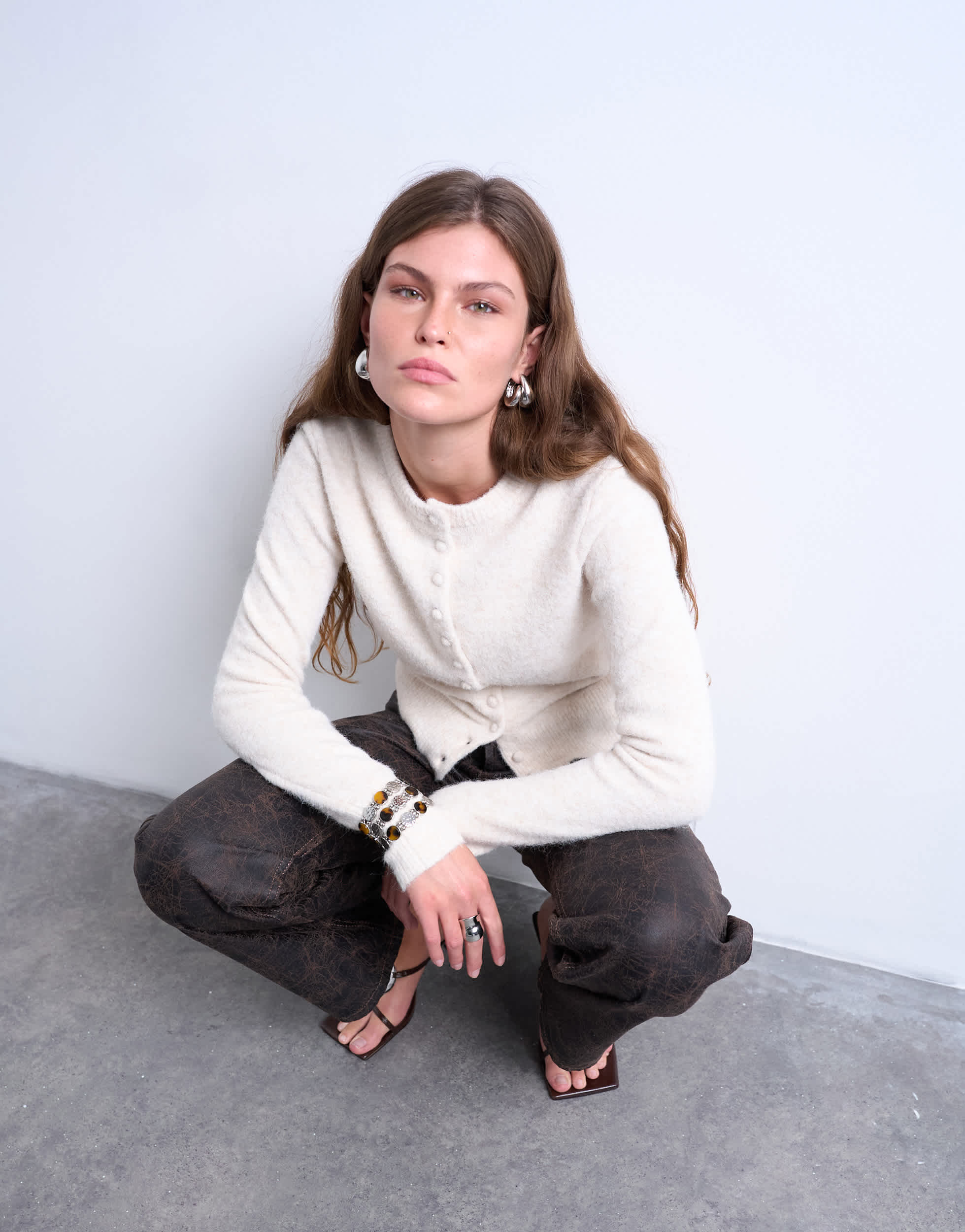 Topshop knitted covered button cardigan in ivory