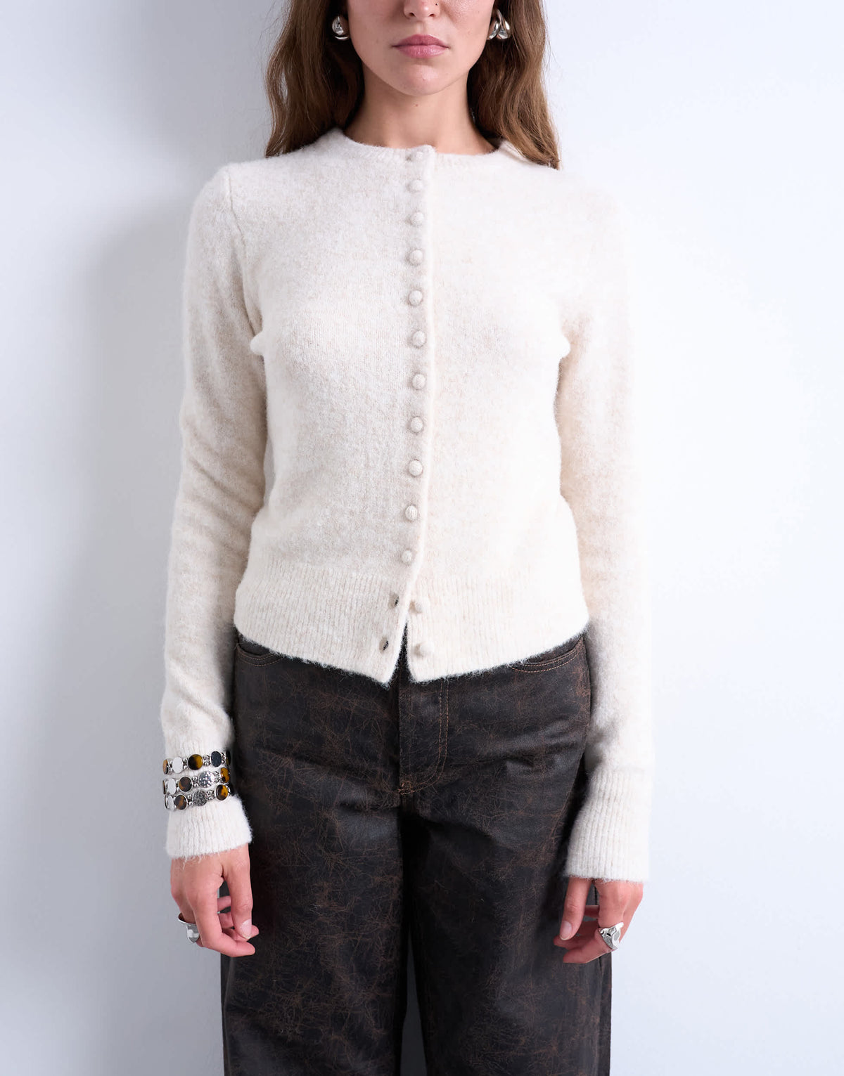 Topshop knitted covered button cardigan in ivory