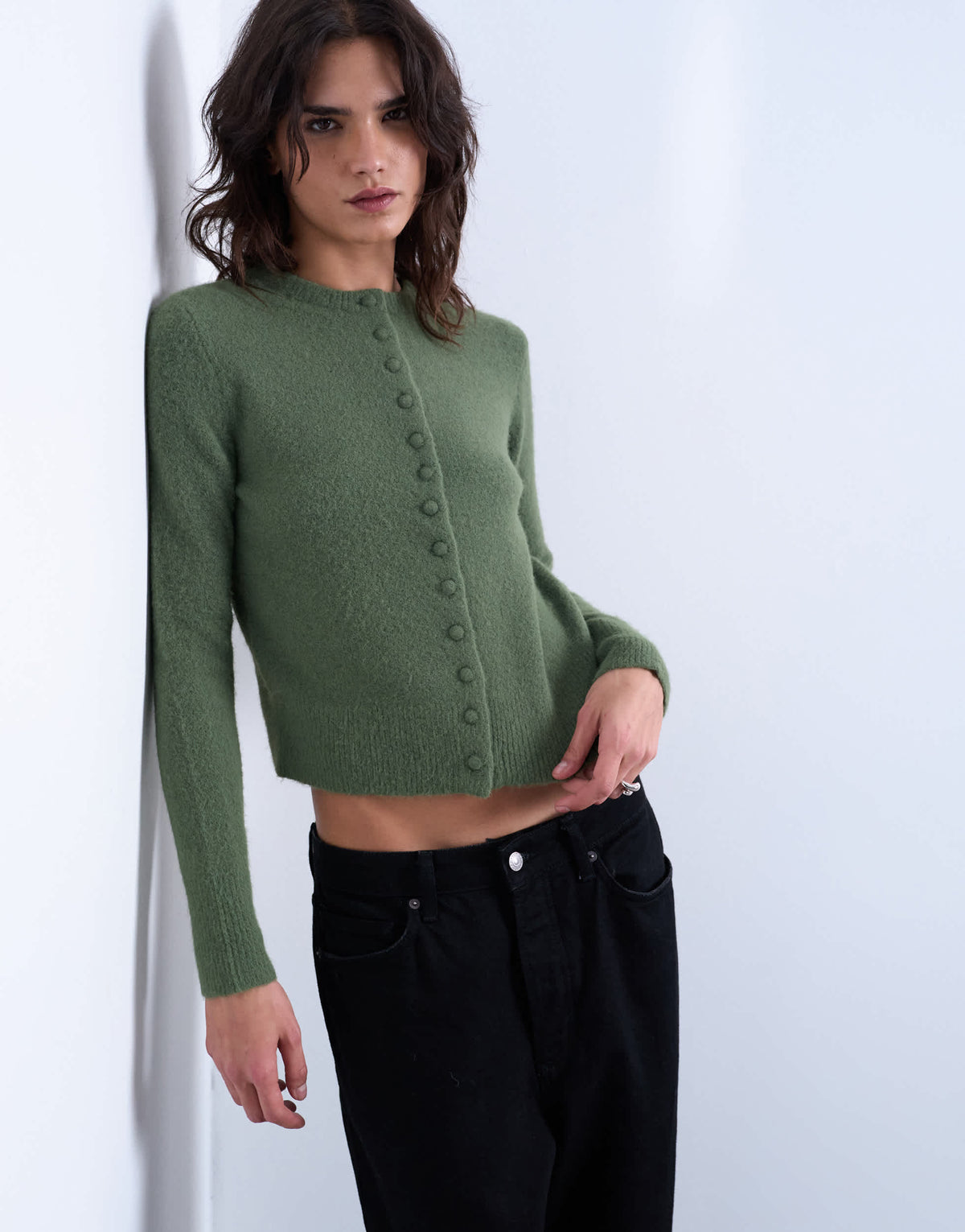 Topshop knitted covered button cardigan in green