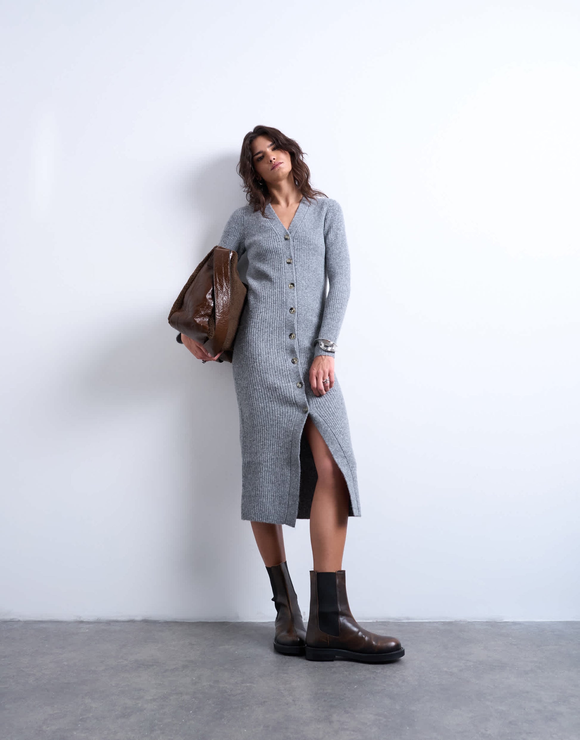 Topshop knitted cardigan midi dress in grey