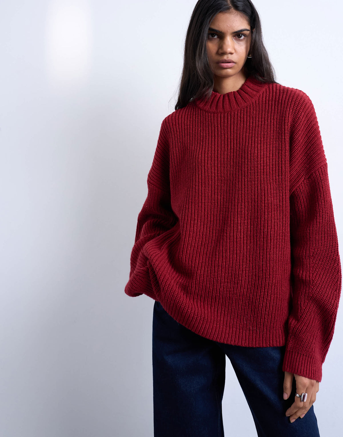 Topshop knitted oversized clean wide neck rib jumper in rust