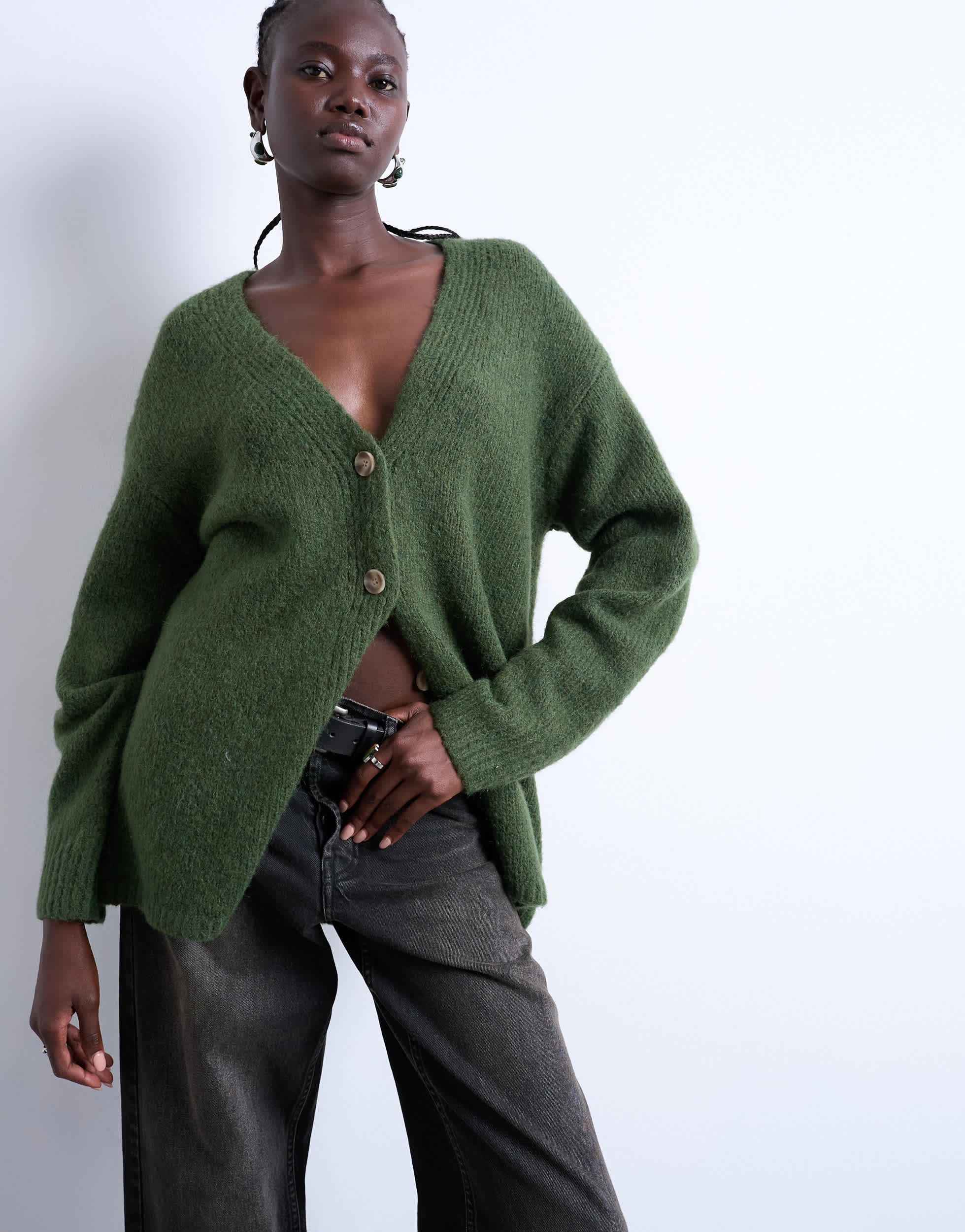 Topshop knitted oversized boyfriend longline easy cardigan in khaki