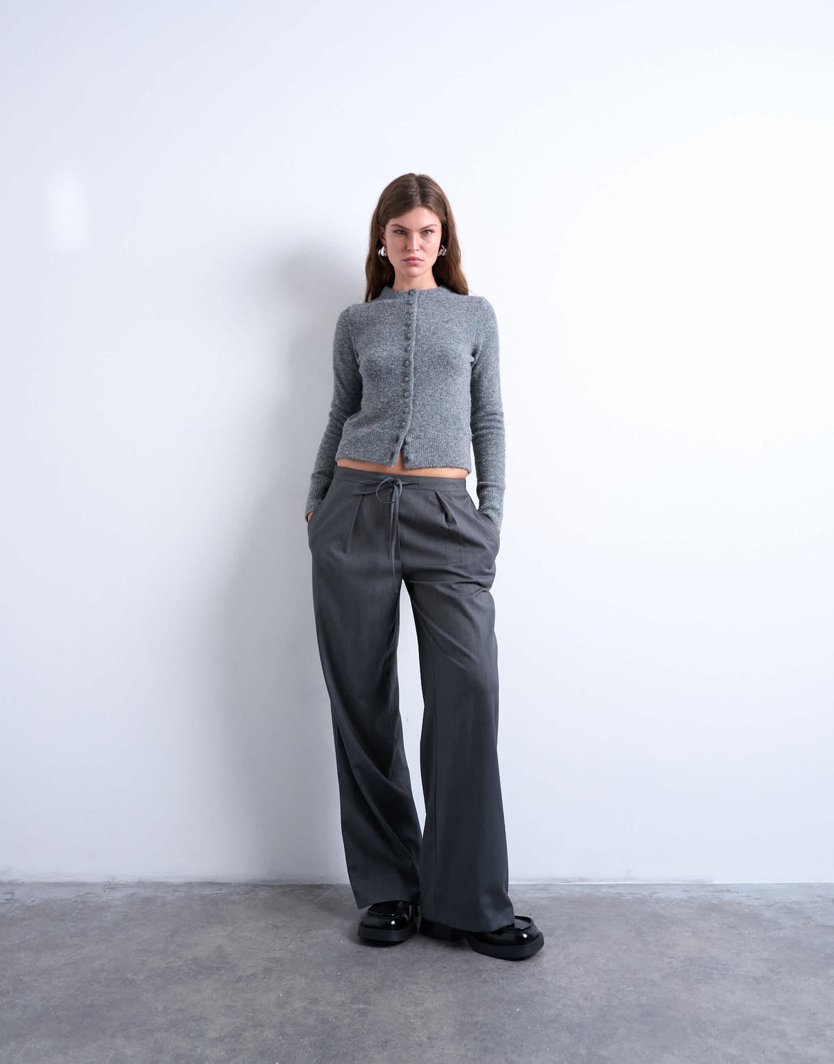 Topshop knitted covered button cardigan in grey
