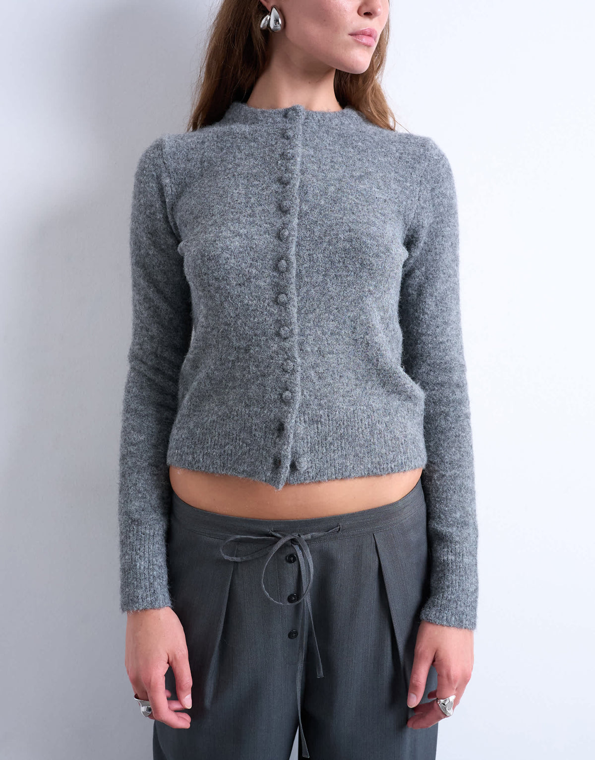 Topshop knitted covered button cardigan in grey