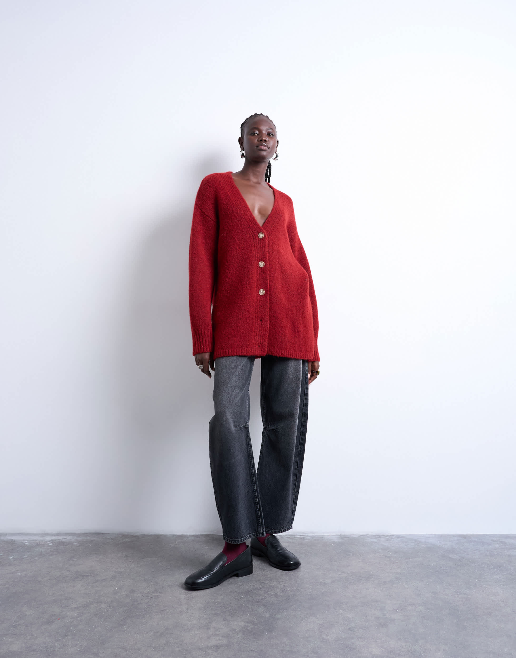 Topshop knitted oversized boyfriend longline easy cardigan in red