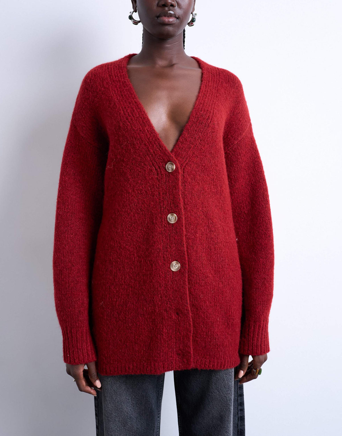 Topshop knitted oversized boyfriend longline easy cardigan in red