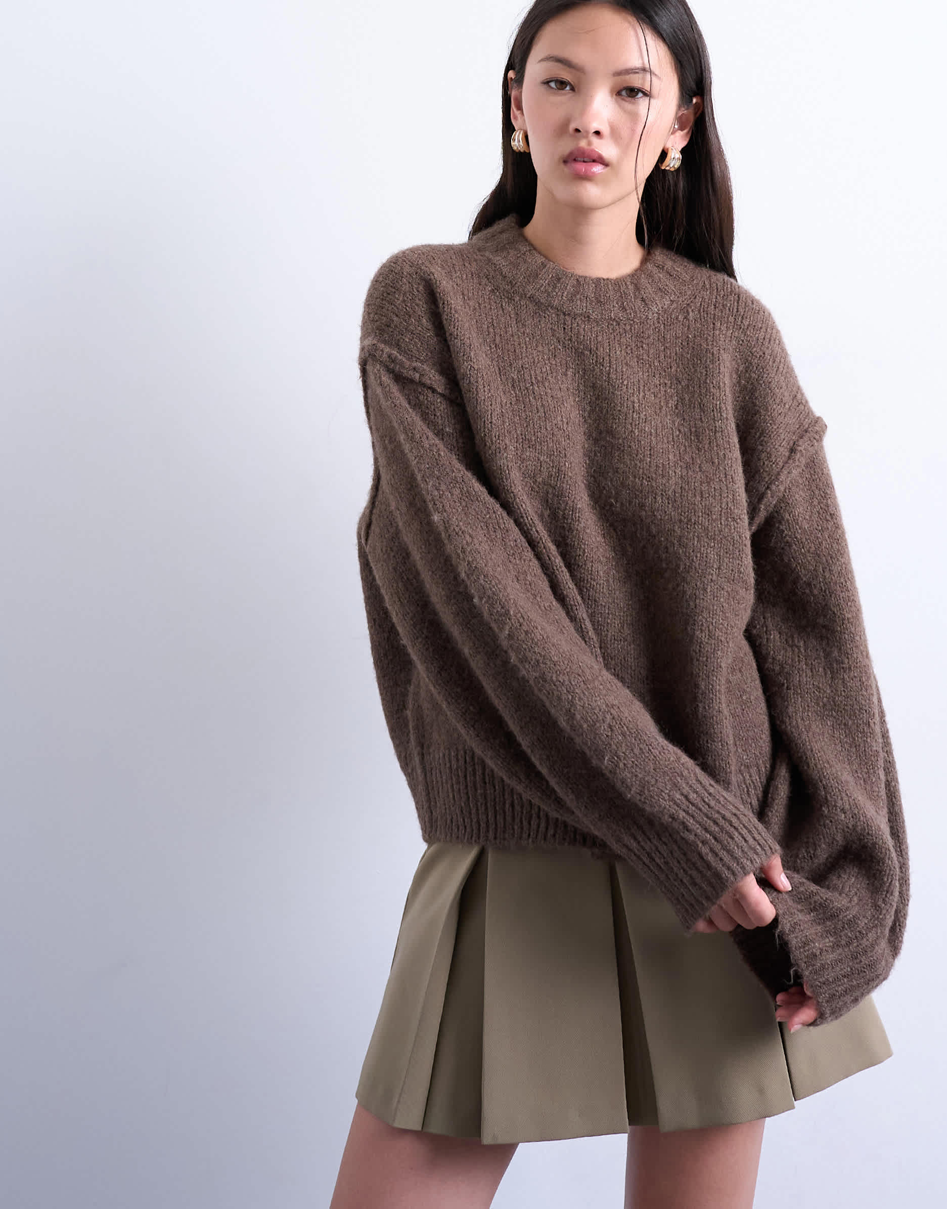 Topshop Strickpullover aus Wollmischung mit flauschigen, sichtbaren Nähten in Braun