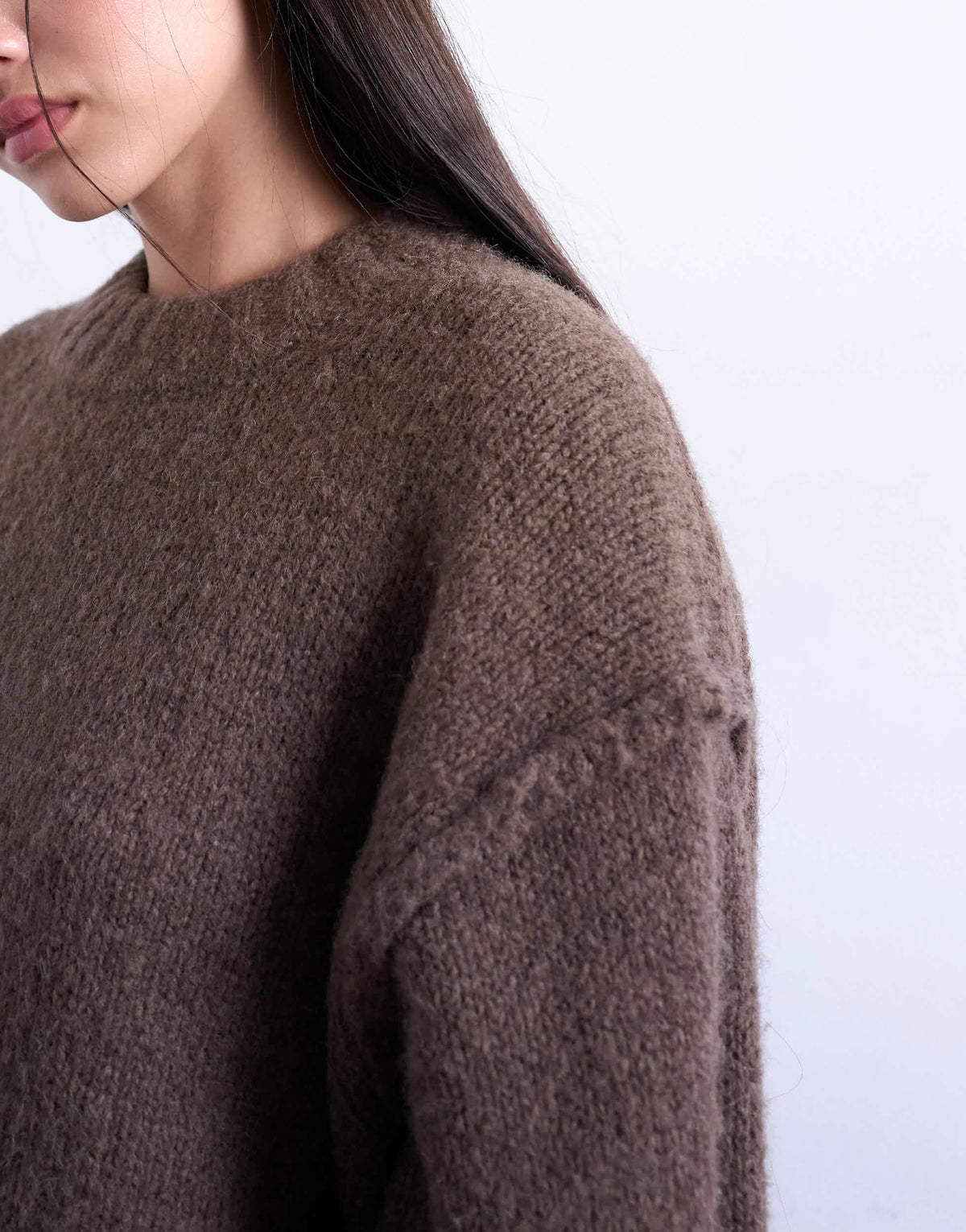 Topshop knitted wool blend fluffy exposed seam easy jumper in brown