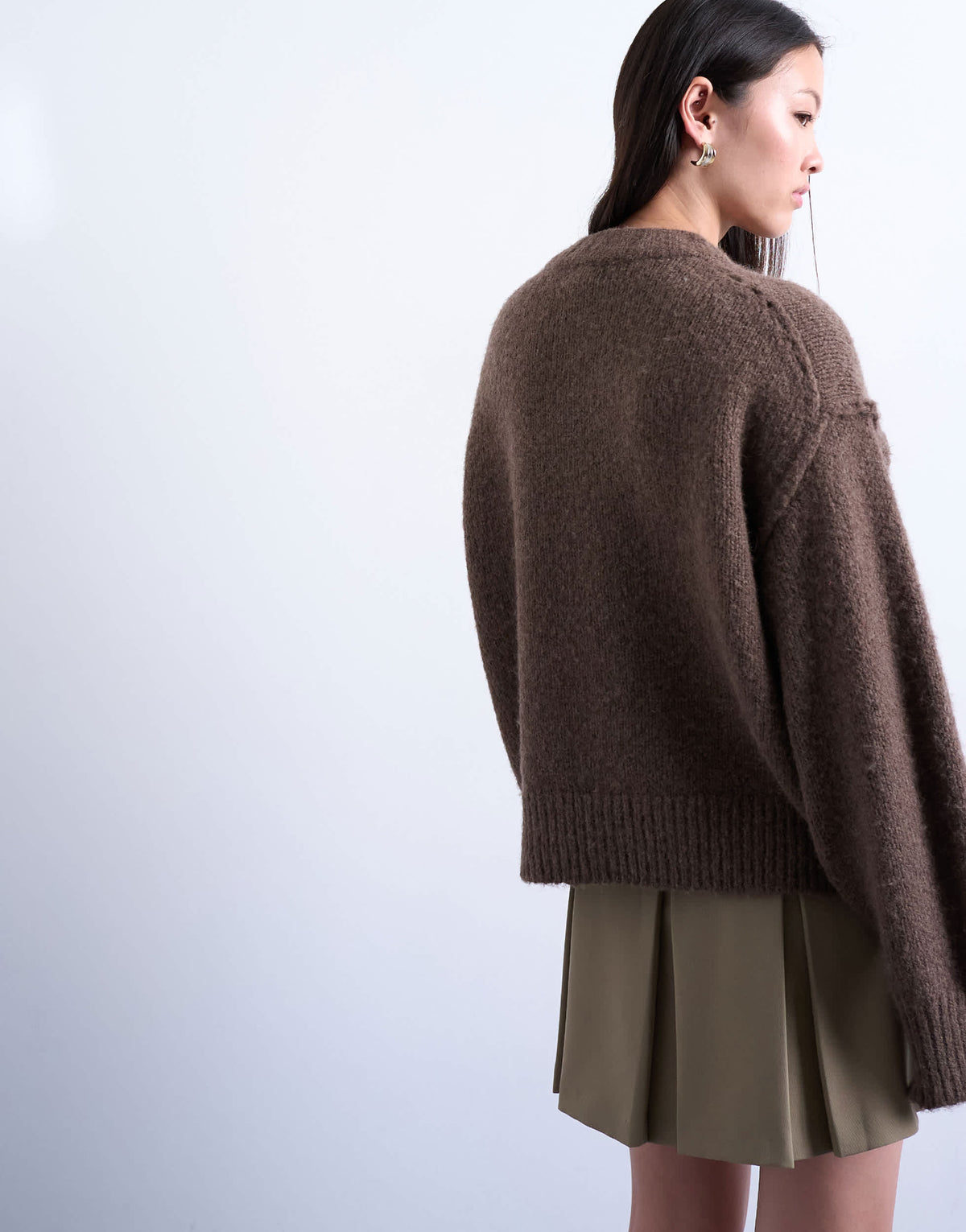 Topshop knitted wool blend fluffy exposed seam easy jumper in brown
