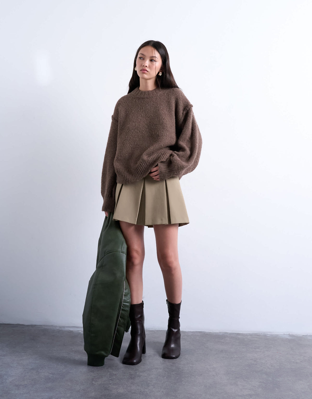 Topshop knitted wool blend fluffy exposed seam easy jumper in brown
