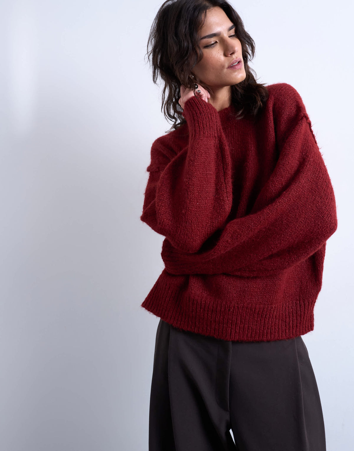 Topshop knitted wool blend fluffy exposed seam easy jumper in red