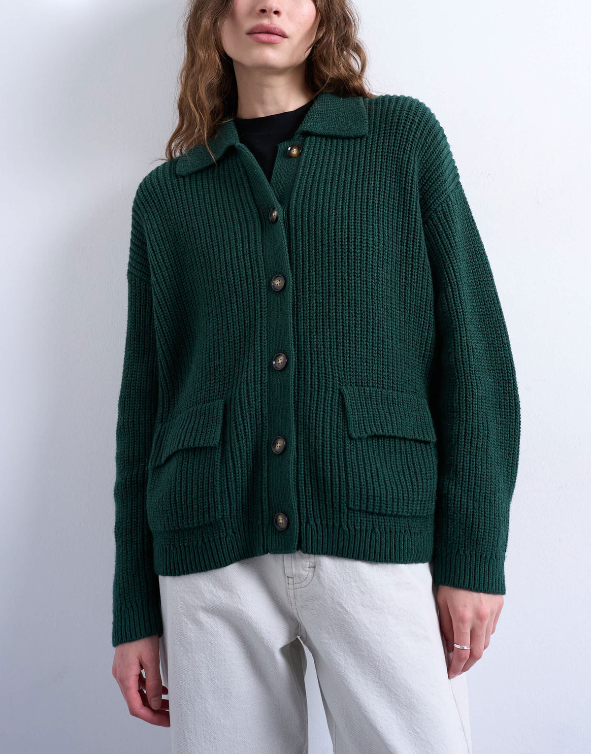 Topshop knitted rib double pocket jacket in green