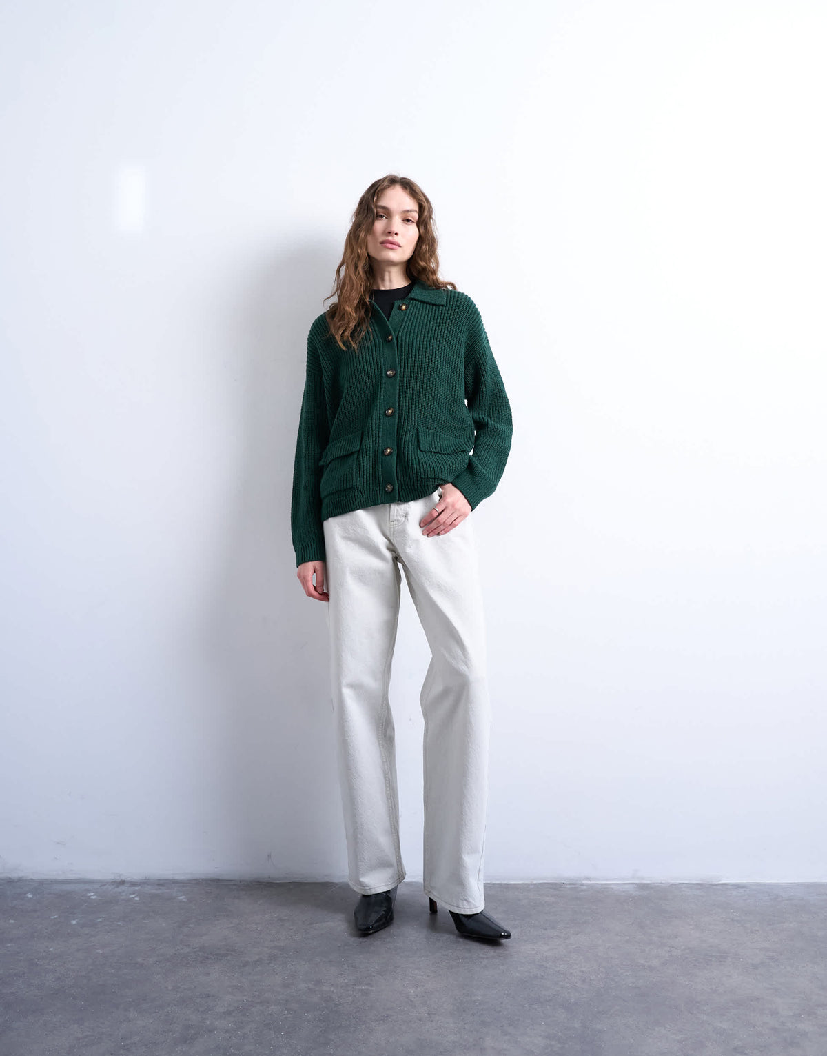 Topshop knitted rib double pocket jacket in green