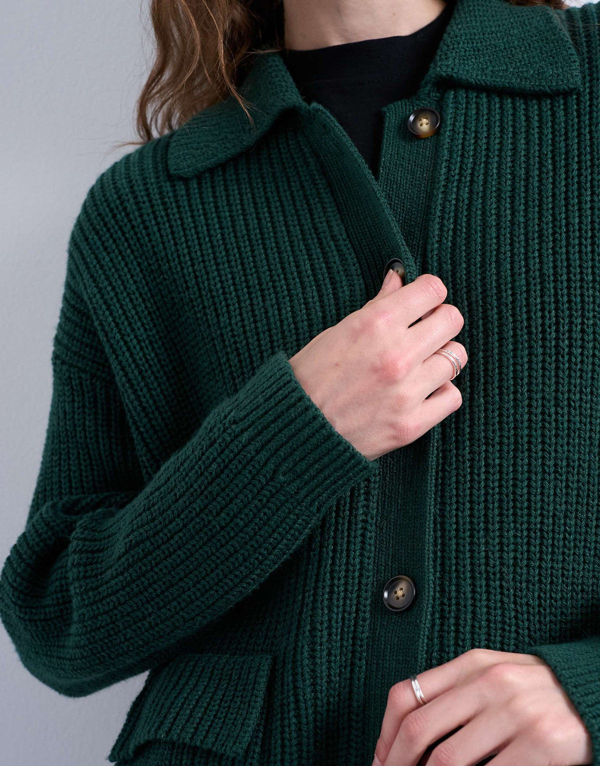 Topshop knitted rib double pocket jacket in green