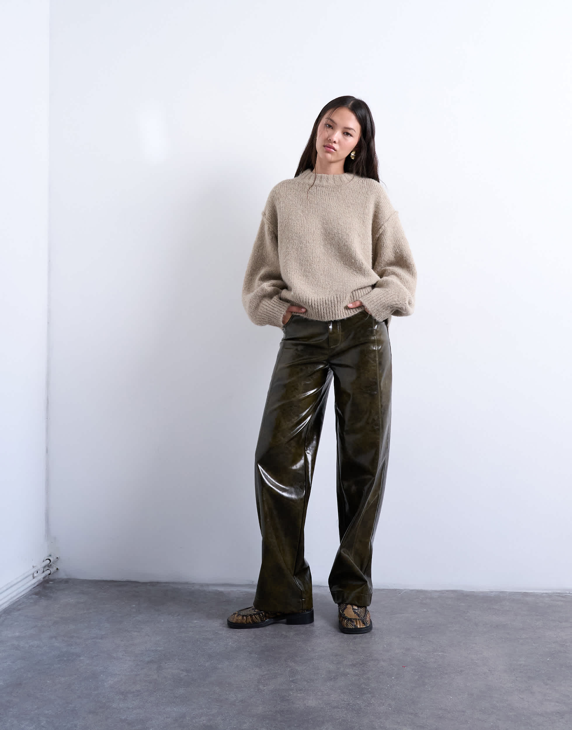 Topshop knitted wool blend fluffy exposed seam easy jumper in oat