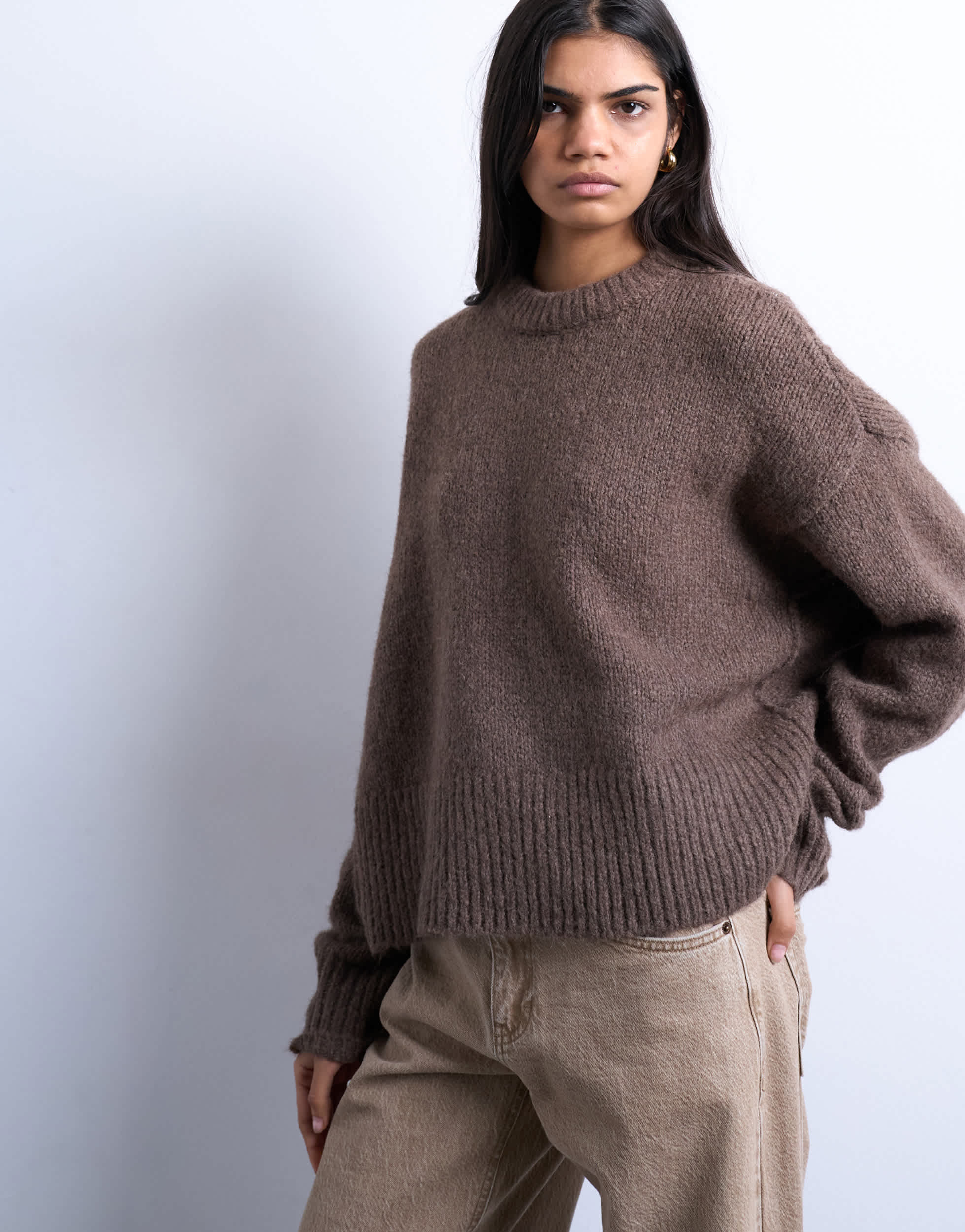 Topshop Strickpullover aus Wollmischung, flauschig und elegant, in Mokka