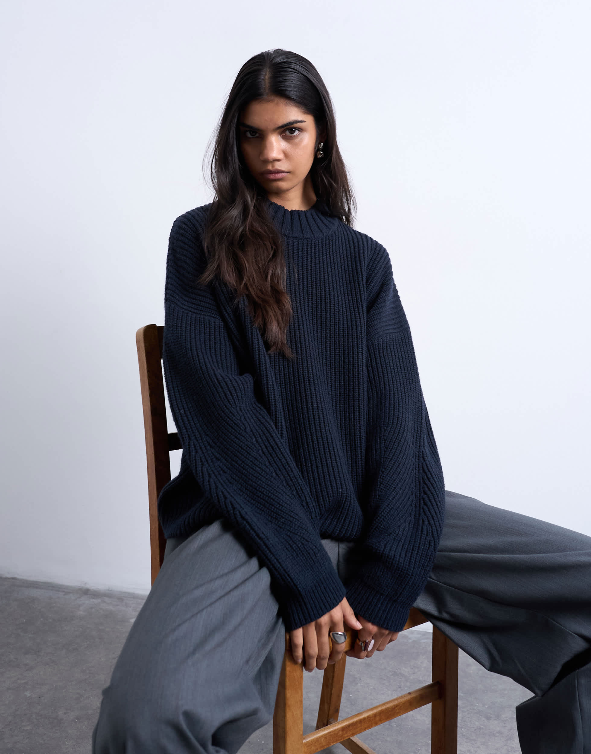 Topshop knitted clean wide neck rib jumper in navy