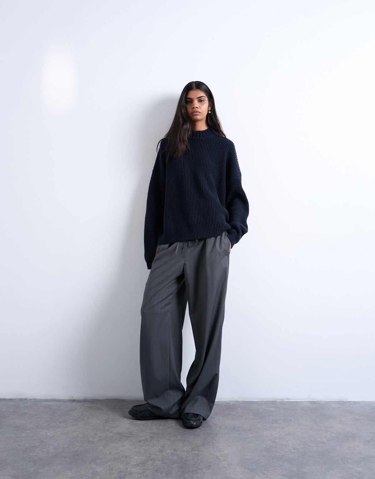 Topshop knitted clean wide neck rib jumper in navy