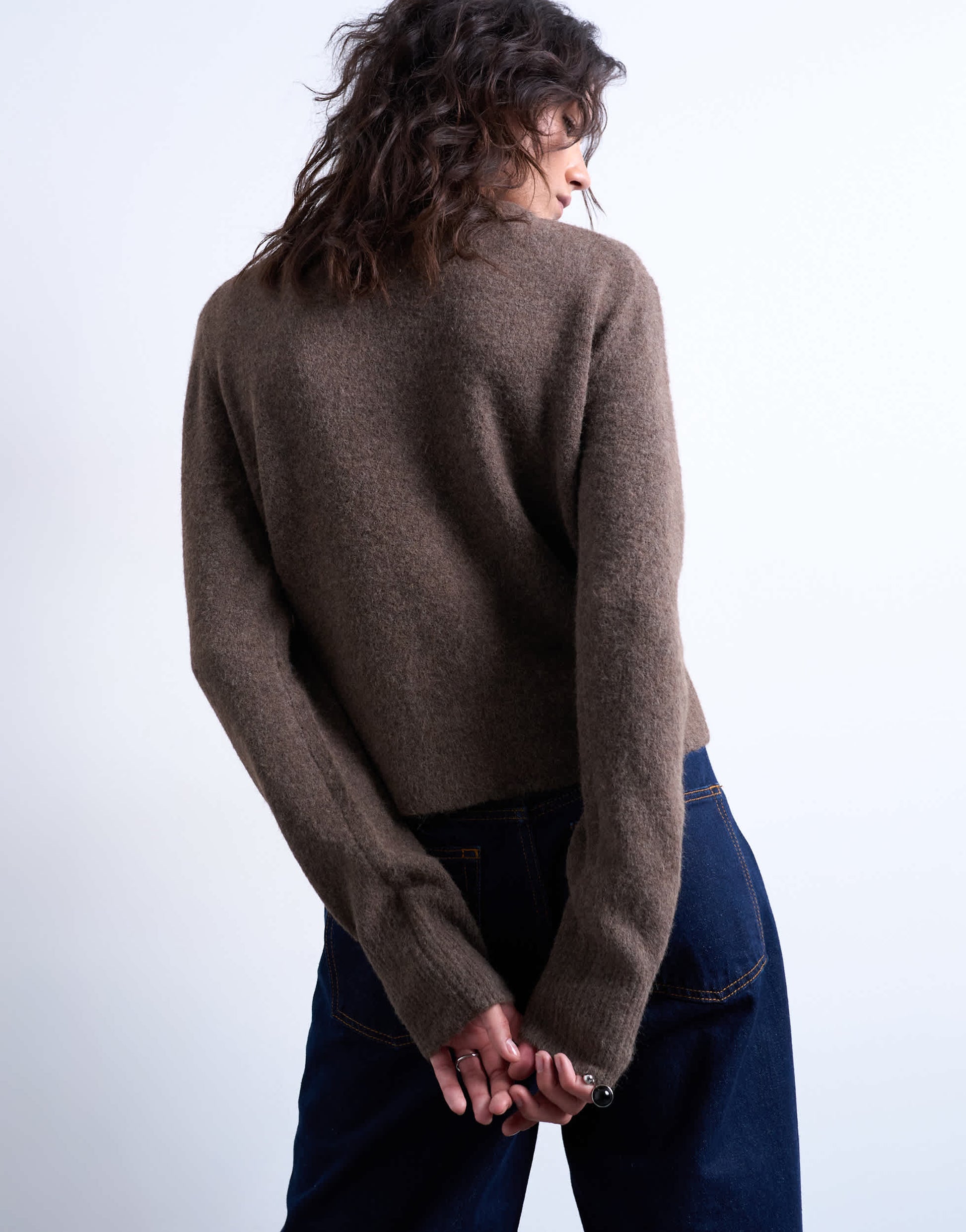 Topshop knitted covered button cardigan in brown