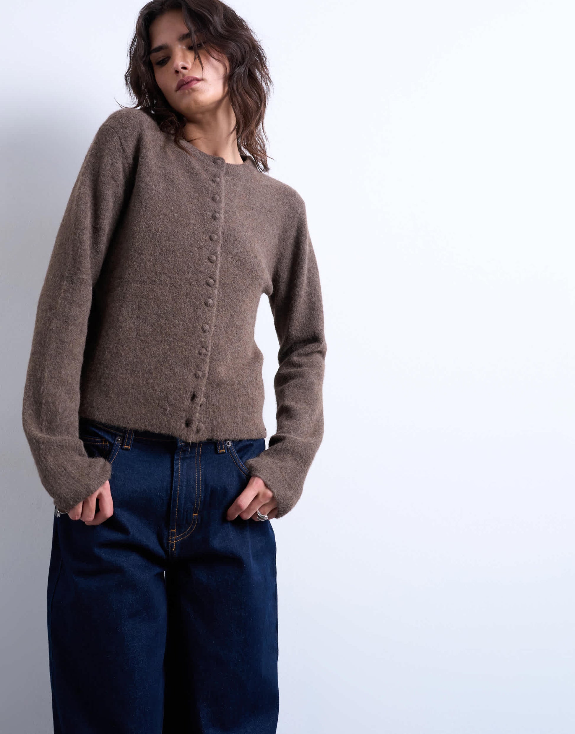 Topshop knitted covered button cardigan in brown