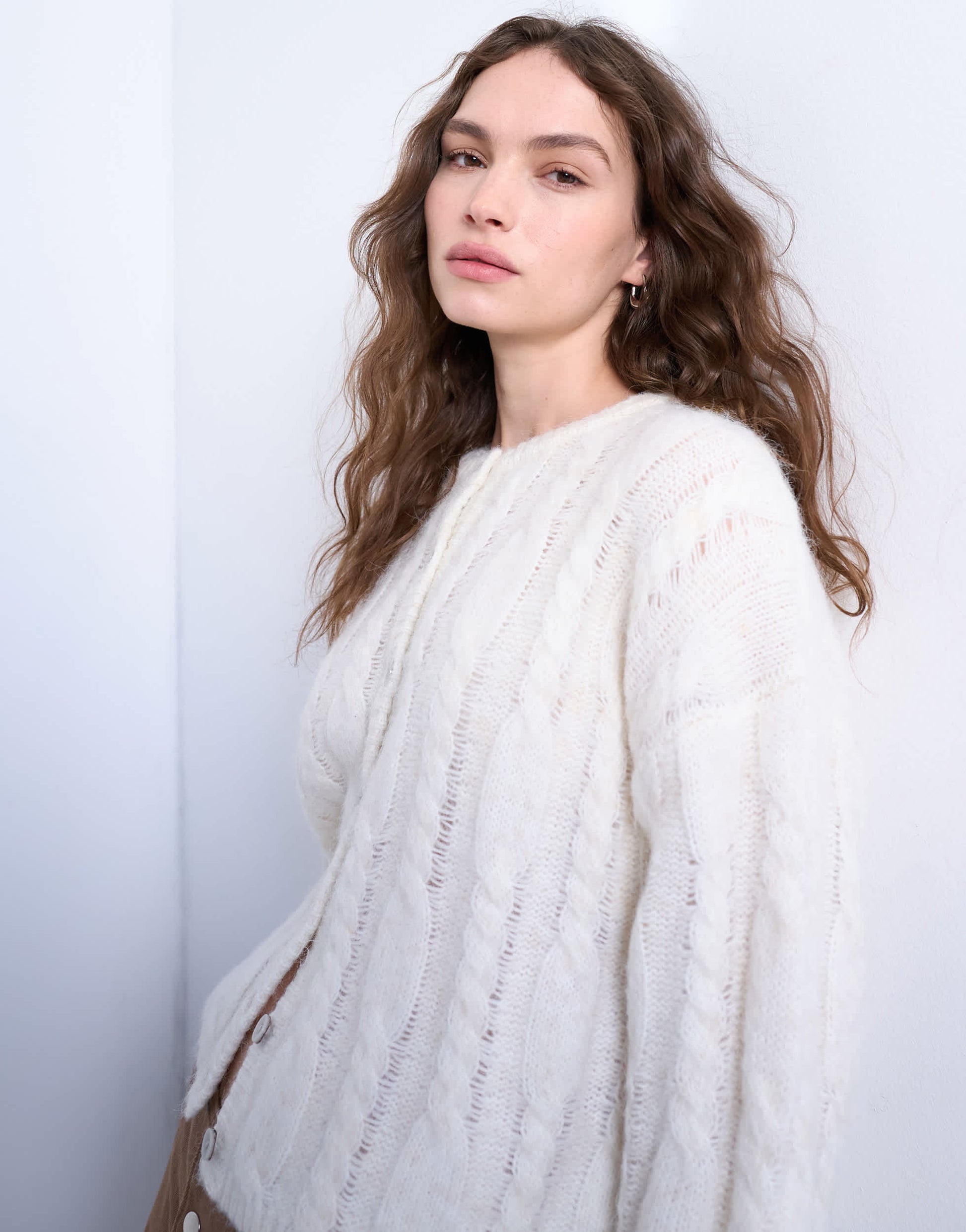 Topshop knitted fluffy cable cardigan in cream