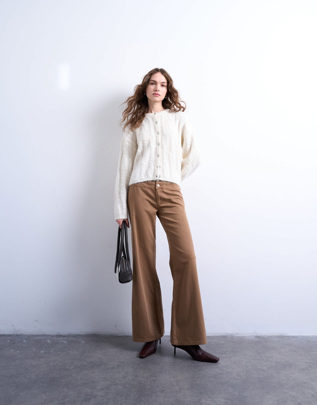 Topshop knitted fluffy cable cardigan in cream