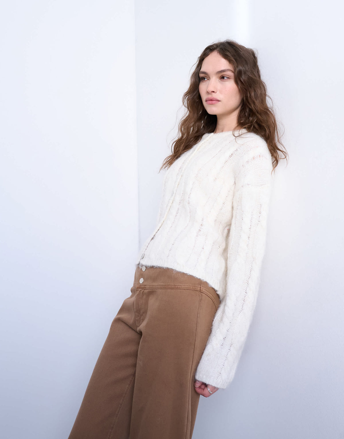 Topshop knitted fluffy cable cardigan in cream