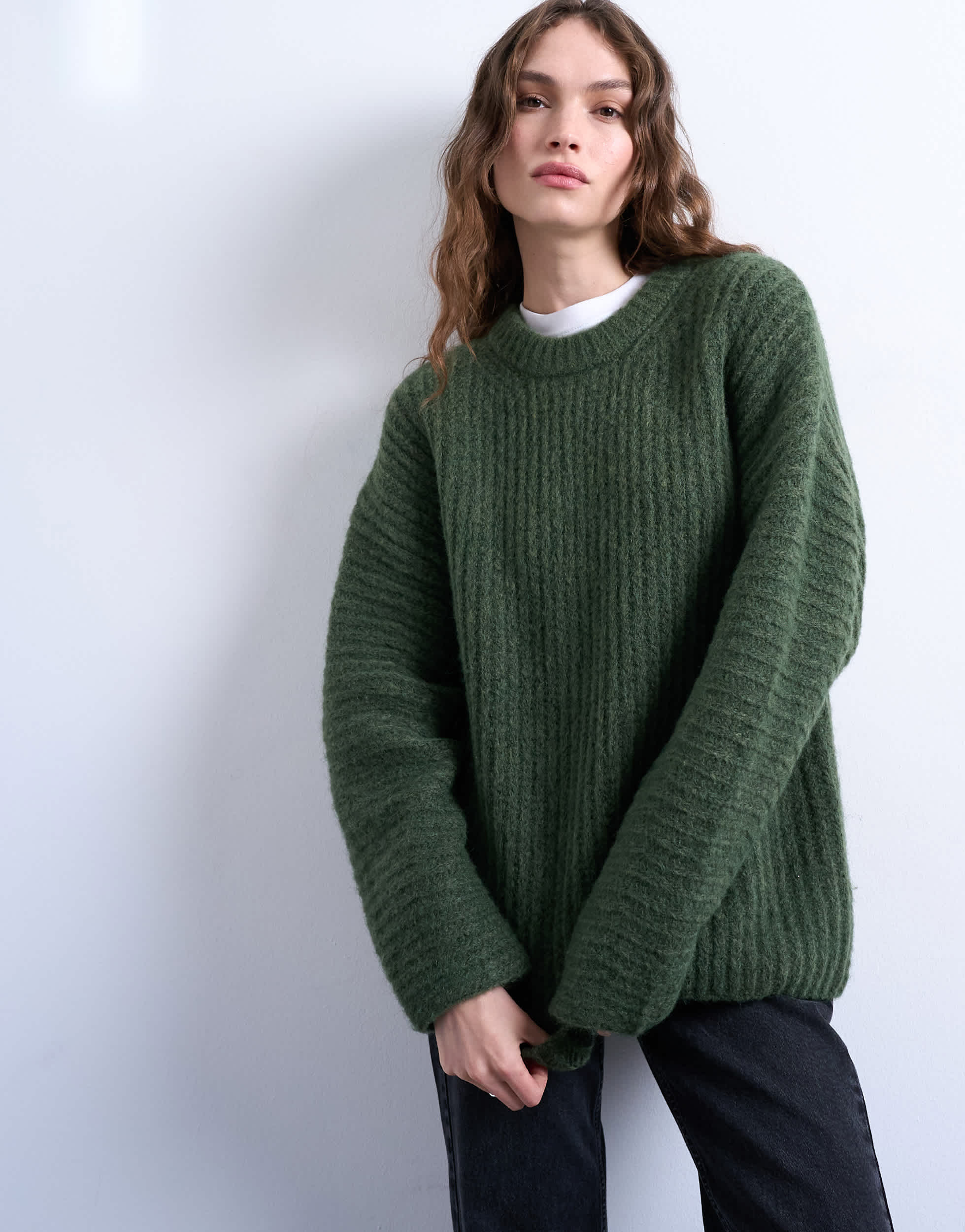 Topshop Strickpullover im Oversize-Stil mit Rippstrick und Ballonärmeln in Grün