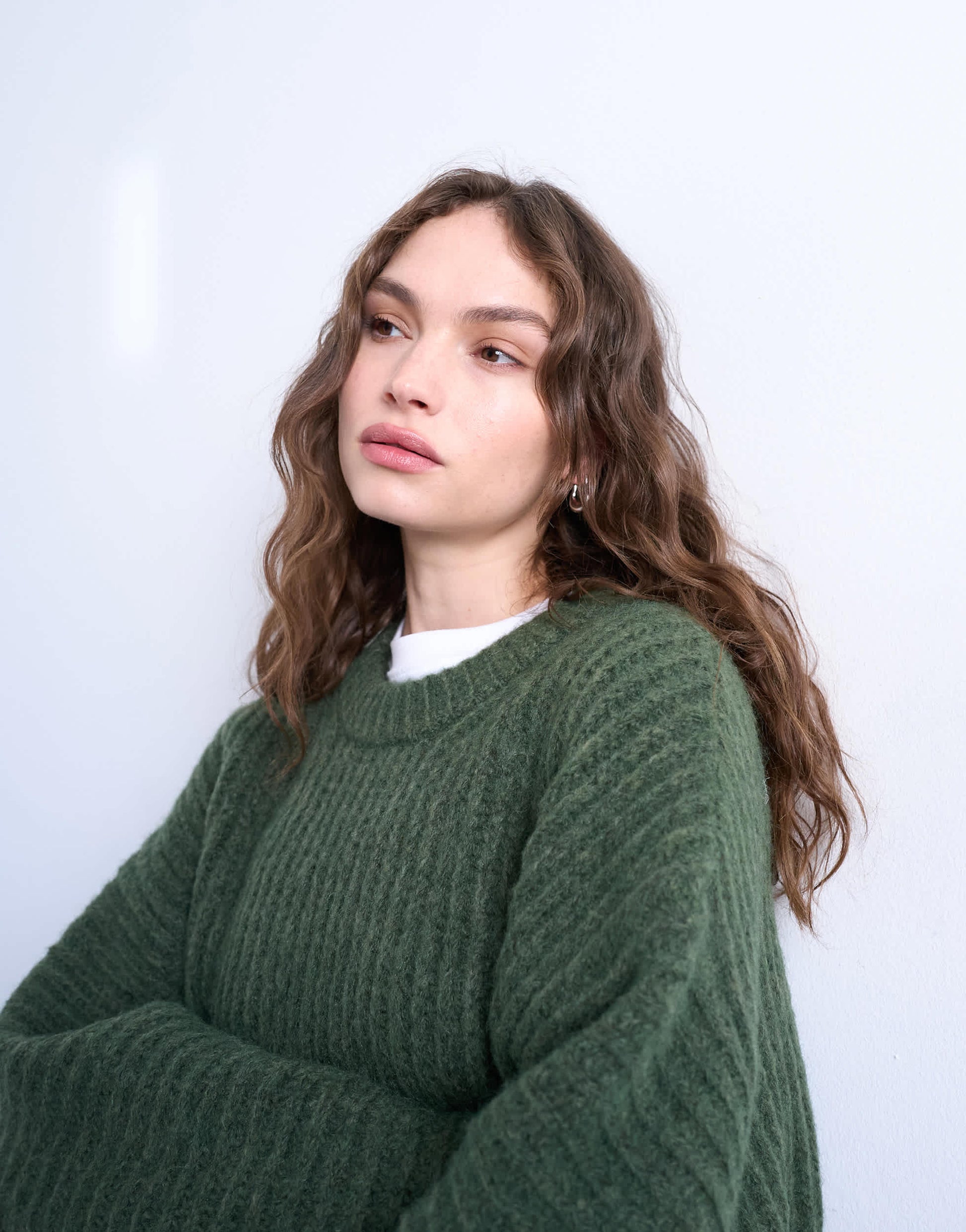 Topshop knitted oversized ribbed balloon sleeve jumper in green