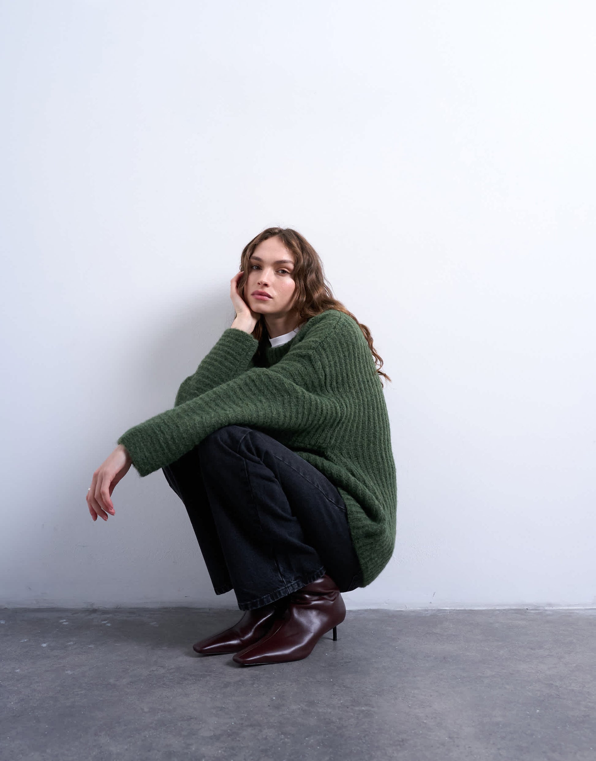 Topshop knitted oversized ribbed balloon sleeve jumper in green