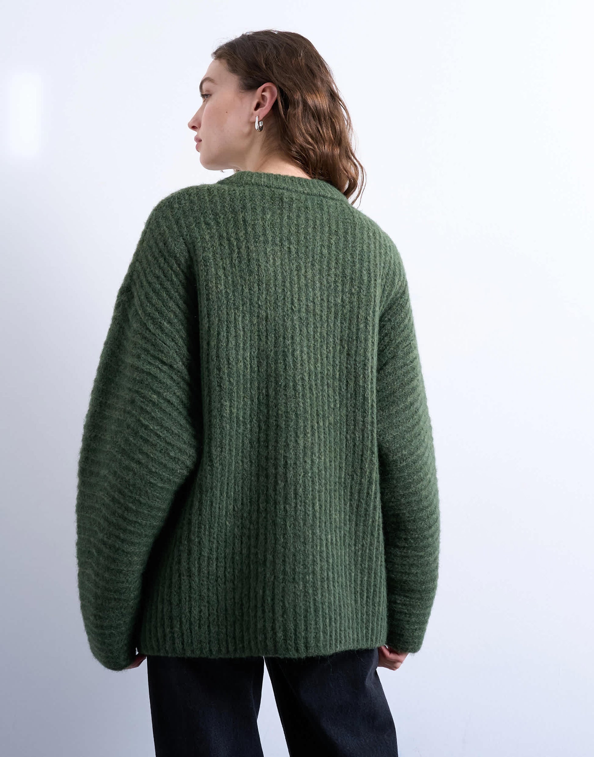 Topshop knitted oversized ribbed balloon sleeve jumper in green