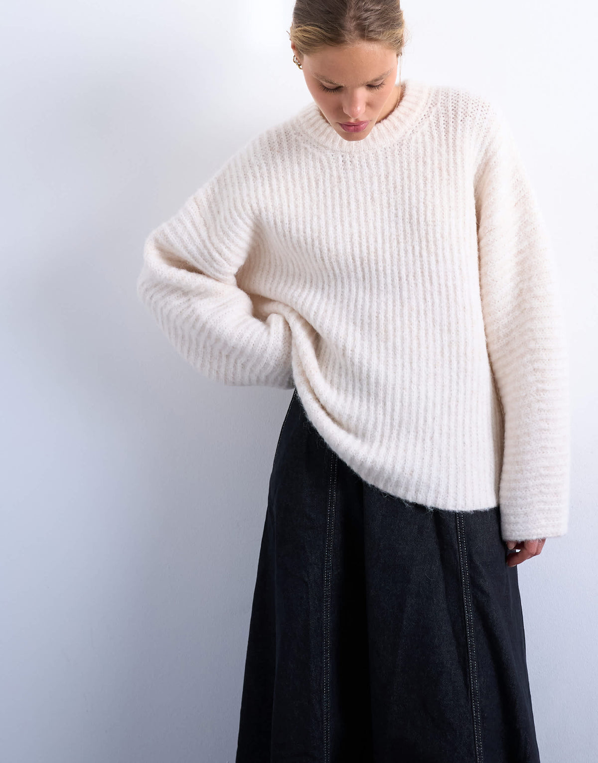 Topshop knitted ribbed balloon sleeve jumper in ivory